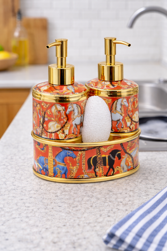 Antik Saray Desenli Çift Pompa Sıvı Sabunluk Seti Gold Detaylı Mutfak & Banyo Organizer
