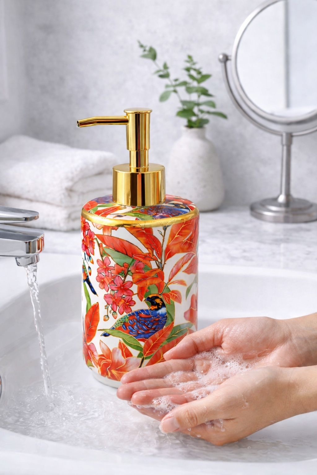 Flowerex Desenli Porselen Sabunluk Gold Pompa – Çiçek & Kuş Desenli Sıvı Sabun Dispenser