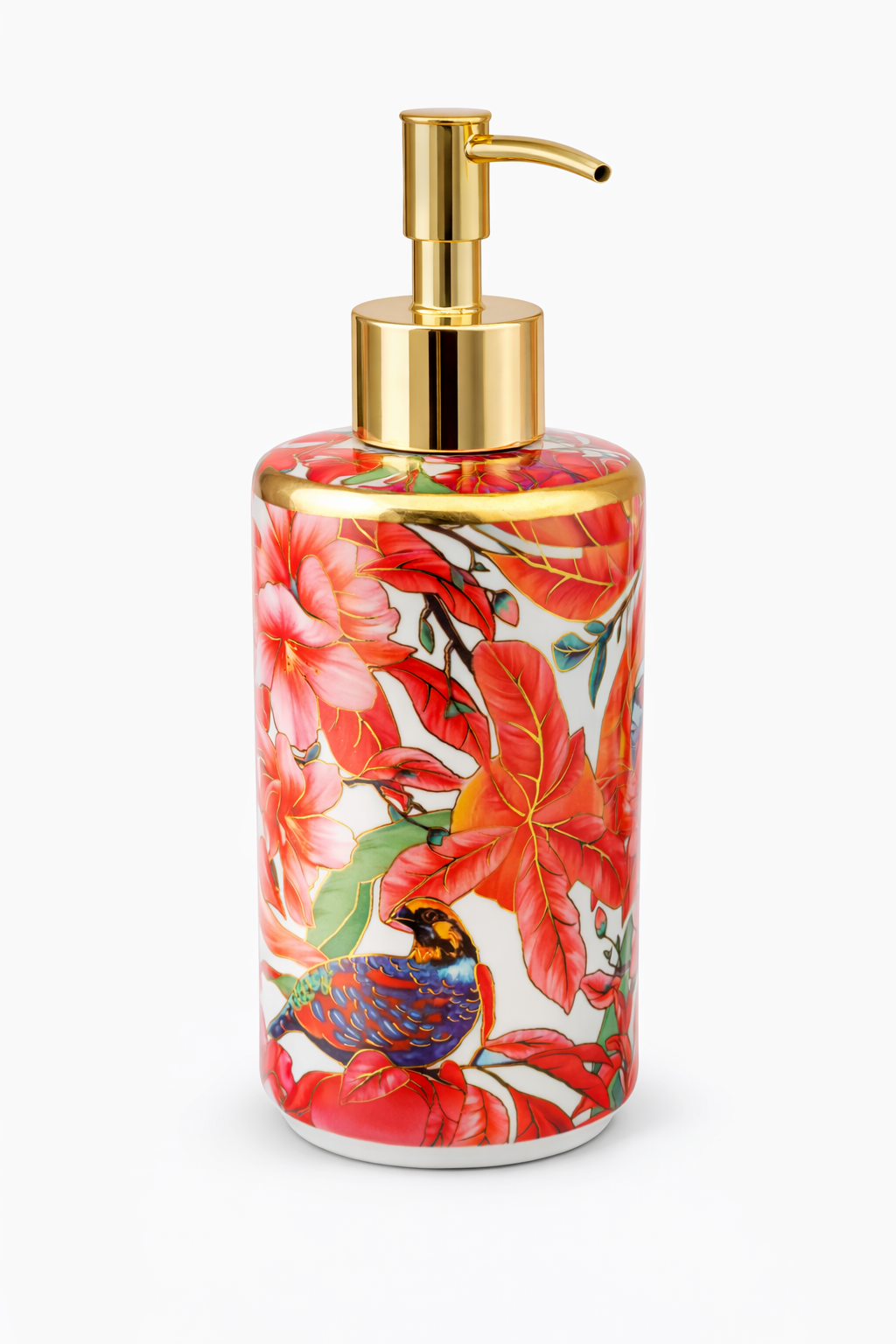 Flowerex Desenli Porselen Sabunluk Gold Pompa – Çiçek & Kuş Desenli Sıvı Sabun Dispenser