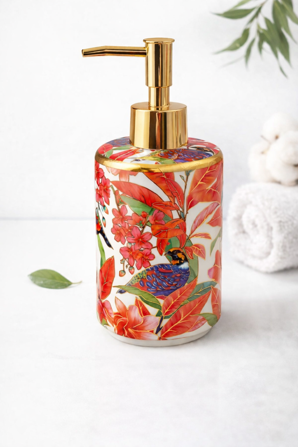 Flowerex Desenli Porselen Sabunluk Gold Pompa – Çiçek & Kuş Desenli Sıvı Sabun Dispenser