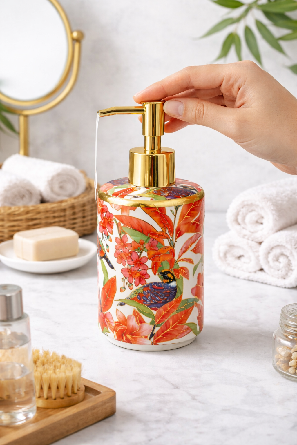 Flowerex Desenli Porselen Sabunluk Gold Pompa – Çiçek & Kuş Desenli Sıvı Sabun Dispenser