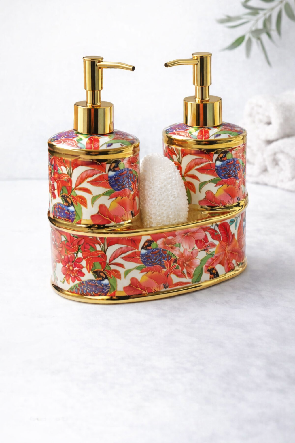 Flowerex Desenli Çift Pompa Sıvı Sabunluk Seti Gold Detaylı Mutfak & Banyo Organizer