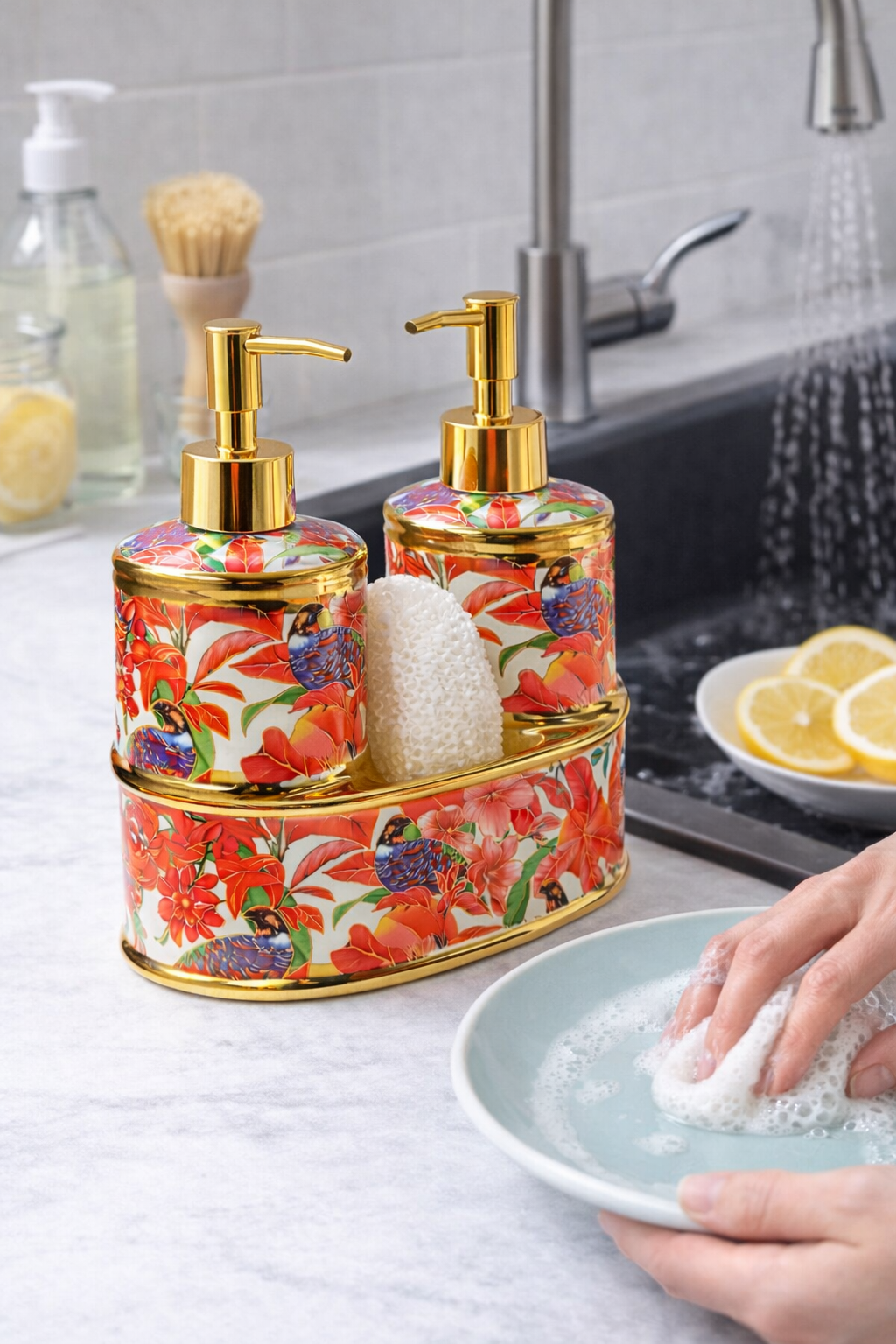 Flowerex Desenli Çift Pompa Sıvı Sabunluk Seti Gold Detaylı Mutfak & Banyo Organizer
