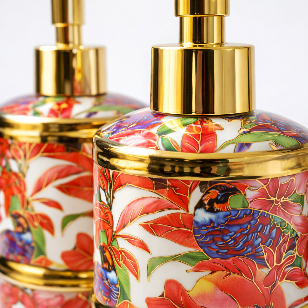 Flowerex Desenli Çift Pompa Sıvı Sabunluk Seti Gold Detaylı Mutfak & Banyo Organizer