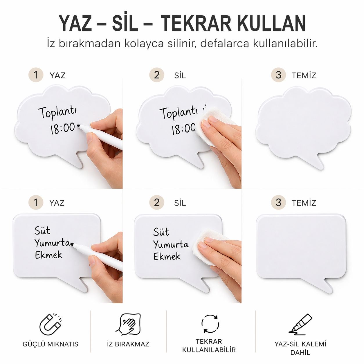 Yaz-Sil Mıknatıslı Konuşma Balonu Notluk Seti (3 Adet + Kalem) – Buzdolabı Magnet Not Tahtası
