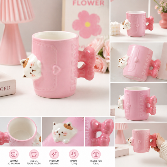 Kedi Figürlü Pembe 3D Seramik Kupa – Fiyonk Kulplu, 350 ml Sevimli Kahve & Çay Kupası