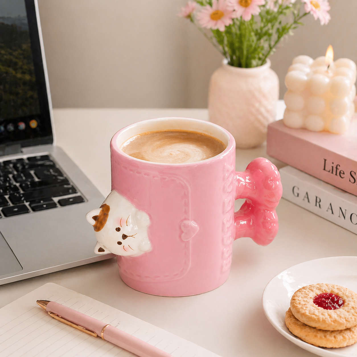 Kedi Figürlü Pembe 3D Seramik Kupa – Fiyonk Kulplu, 350 ml Sevimli Kahve & Çay Kupası