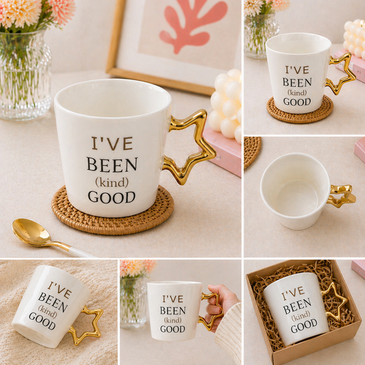 Yıldız Kulplu Porselen Kupa – “I’ve Been (Kind) Good” Yazılı 350 ml Şık Kahve & Çay Kupası