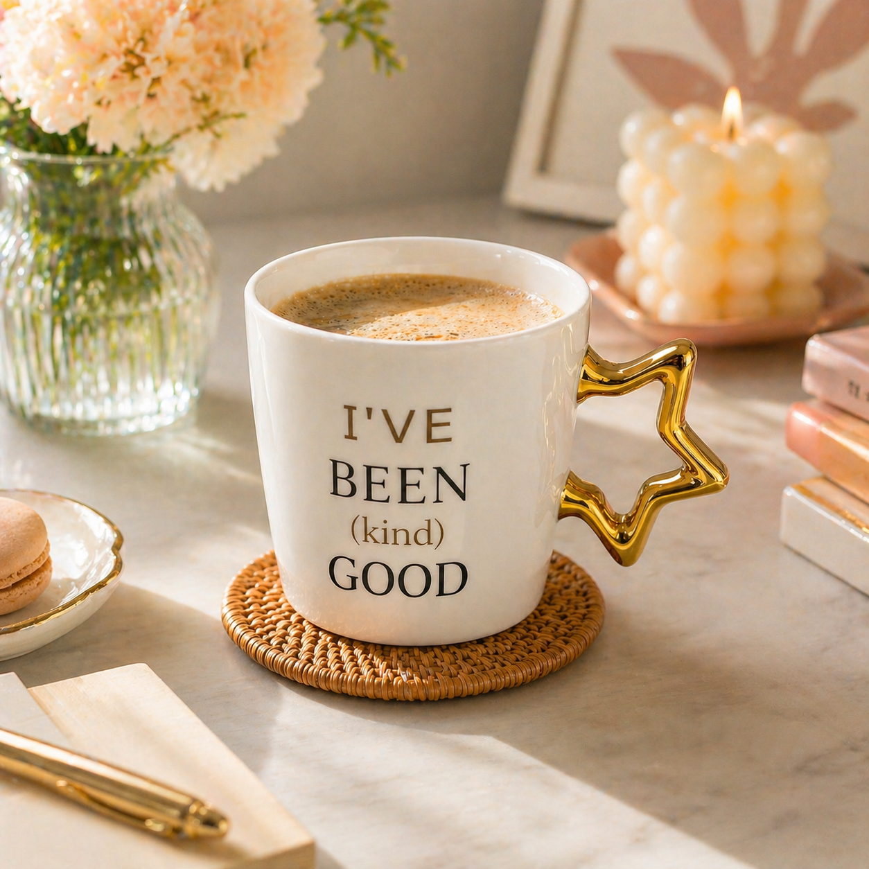 Yıldız Kulplu Porselen Kupa – “I’ve Been (Kind) Good” Yazılı 350 ml Şık Kahve & Çay Kupası