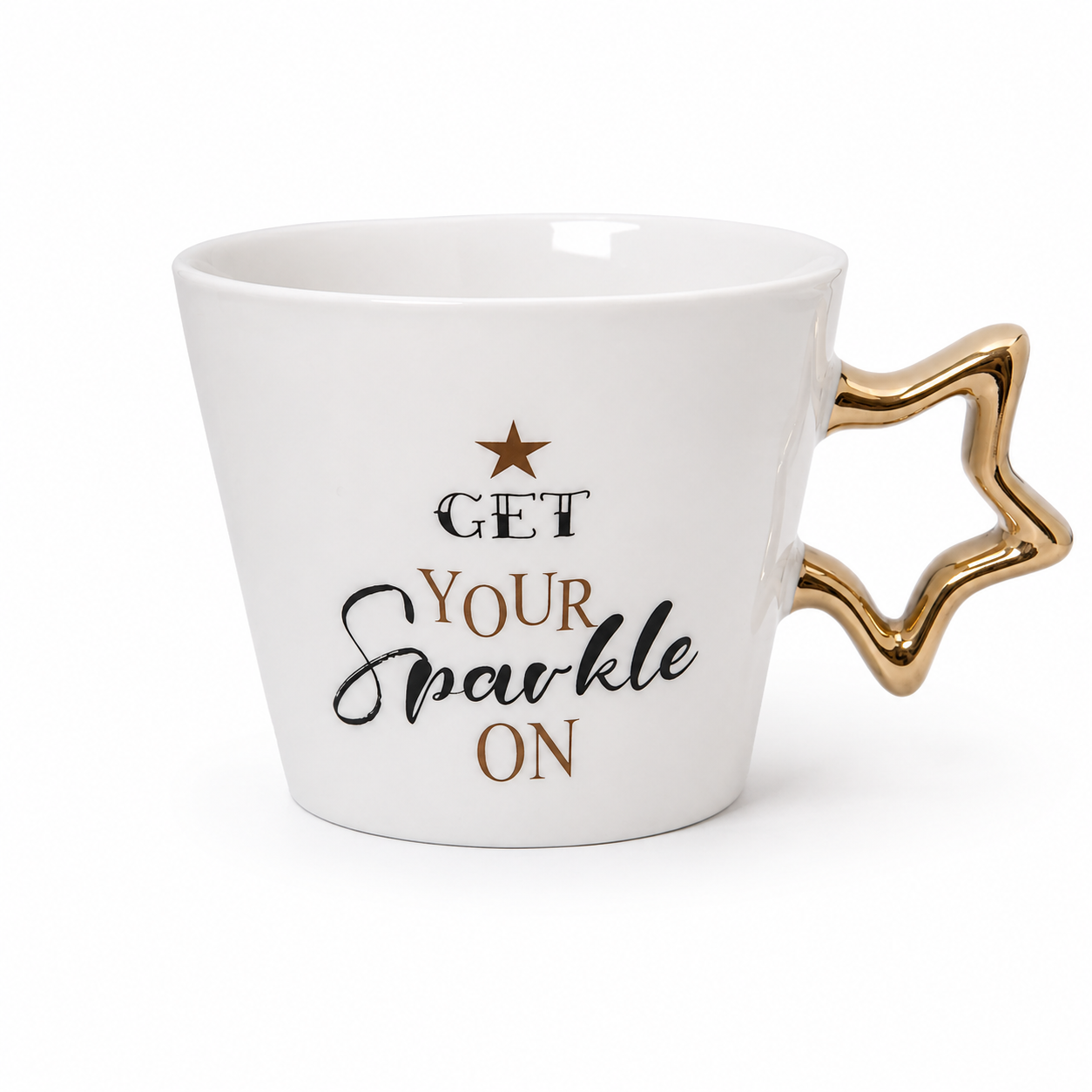 Yıldız Kulplu Porselen Kupa – “Get Your Sparkle On” Yazılı 350 ml Şık Kahve & Çay Kupası
