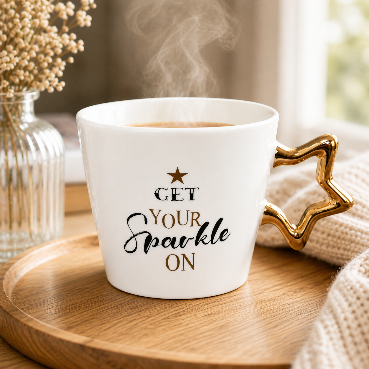 Yıldız Kulplu Porselen Kupa – “Get Your Sparkle On” Yazılı 350 ml Şık Kahve & Çay Kupası