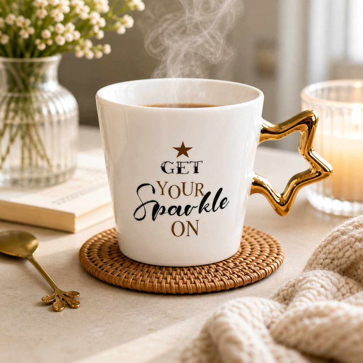 Yıldız Kulplu Porselen Kupa – “Get Your Sparkle On” Yazılı 350 ml Şık Kahve & Çay Kupası