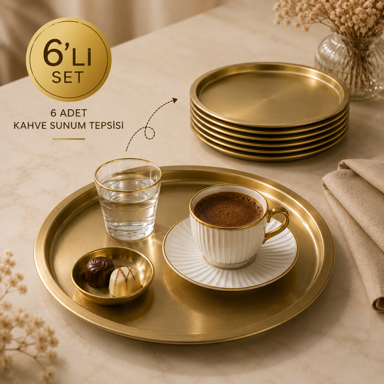 Gold Yuvarlak Metal Servis Tepsisi 6’lı Set