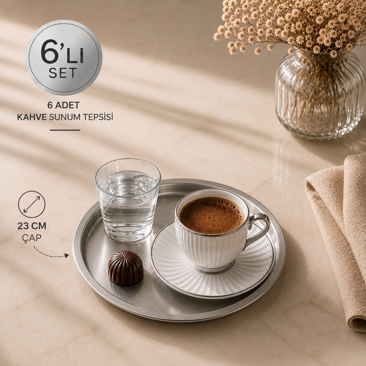 Gümüş Yuvarlak Metal Servis Tepsisi 6’lı Set