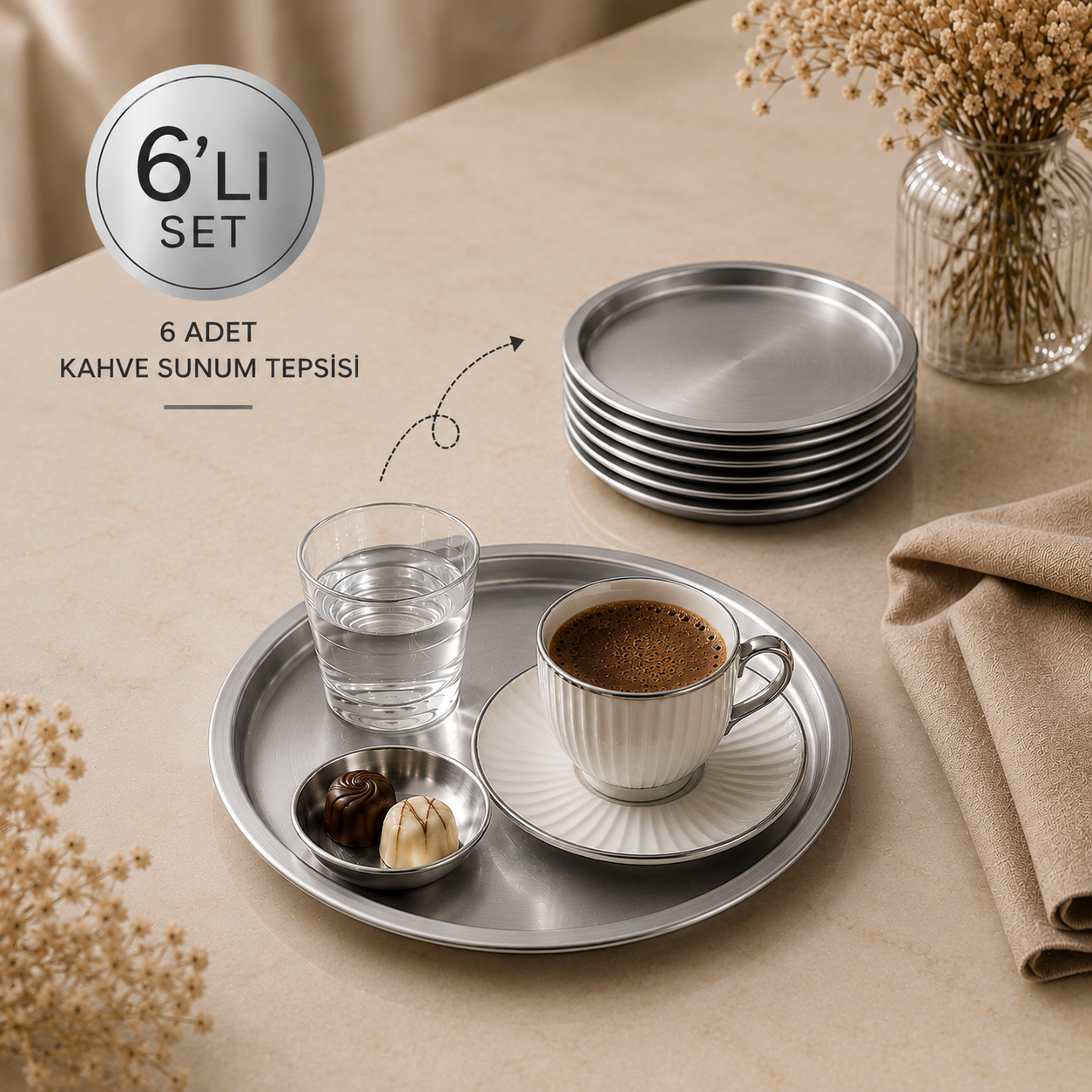 Gümüş Yuvarlak Metal Servis Tepsisi 6’lı Set