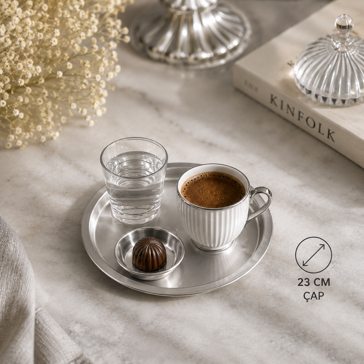 Gümüş Yuvarlak Metal Servis Tepsisi 6’lı Set