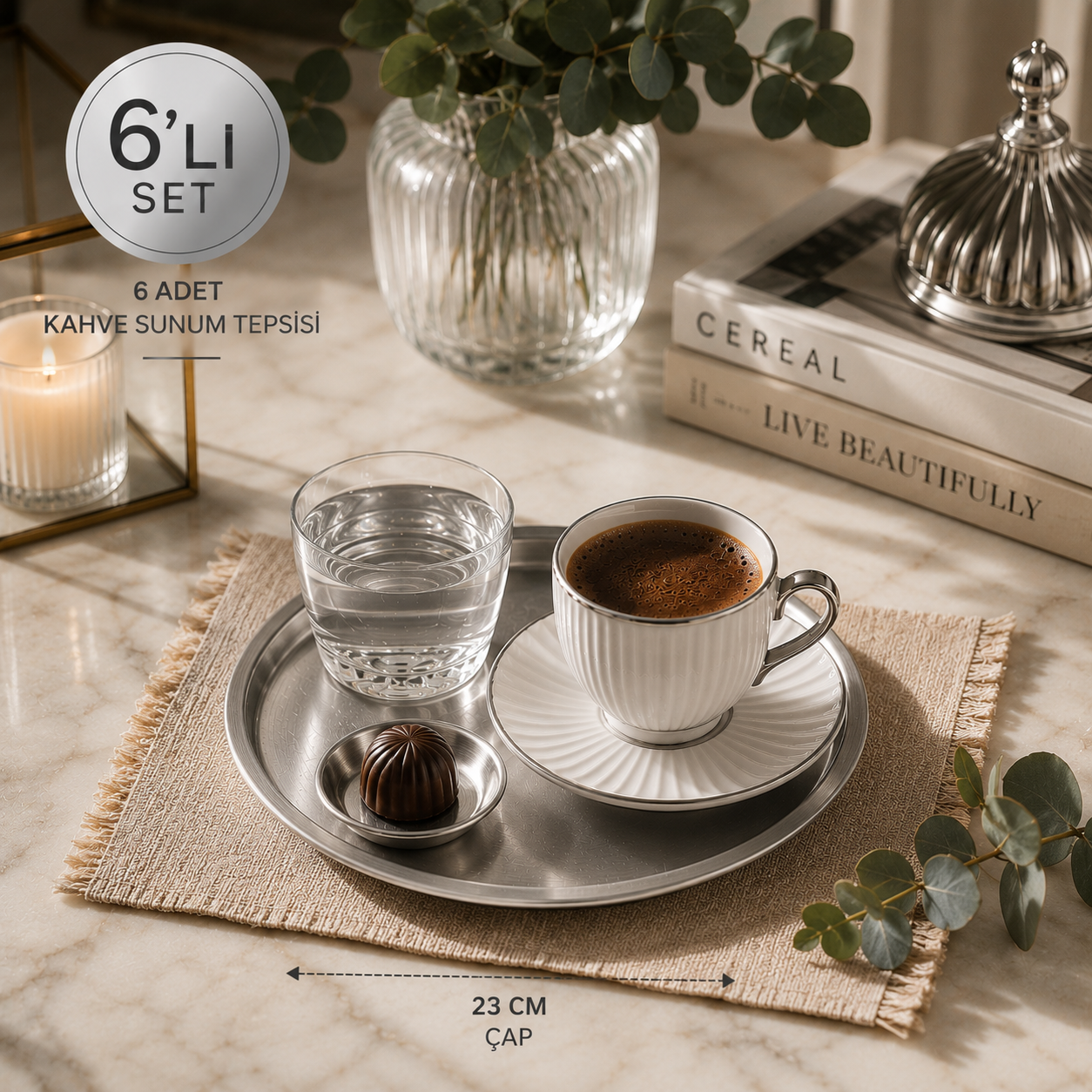 Gümüş Yuvarlak Metal Servis Tepsisi 6’lı Set