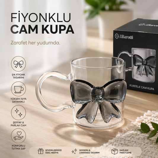 LUNESSA Gri Fiyonk Detaylı Şeffaf Cam Kupa