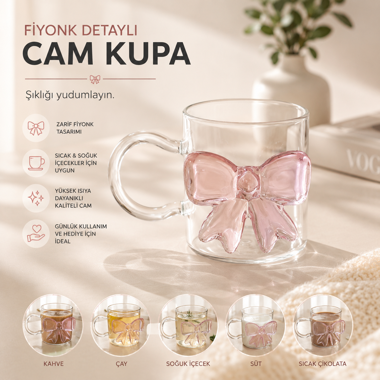 LUNESSA Pembe Fiyonk Detaylı Şeffaf Cam Kupa
