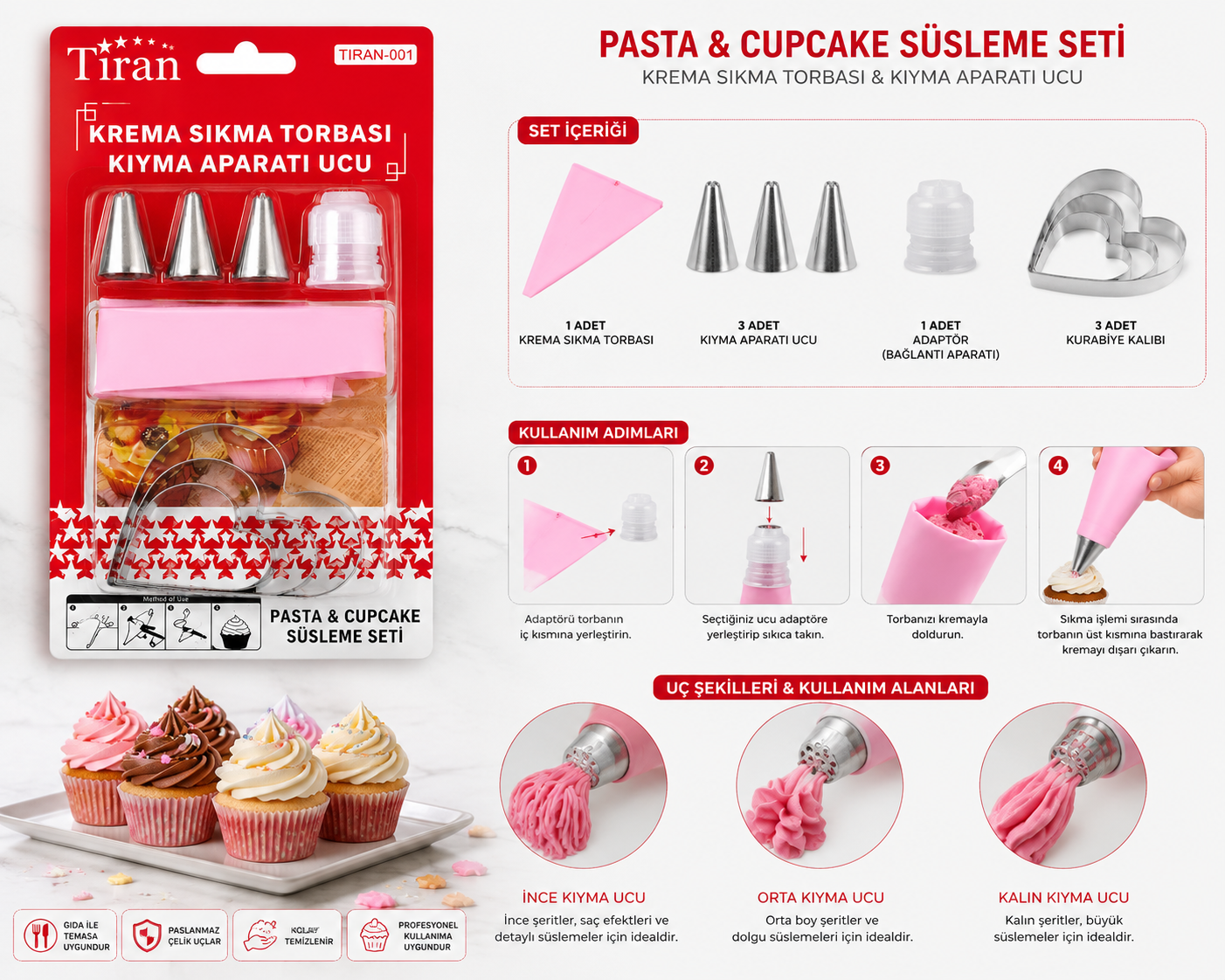 Pasta Krema Sıkma Seti – 3 Farklı Uç ve Kalp Kurabiye Kalıbı