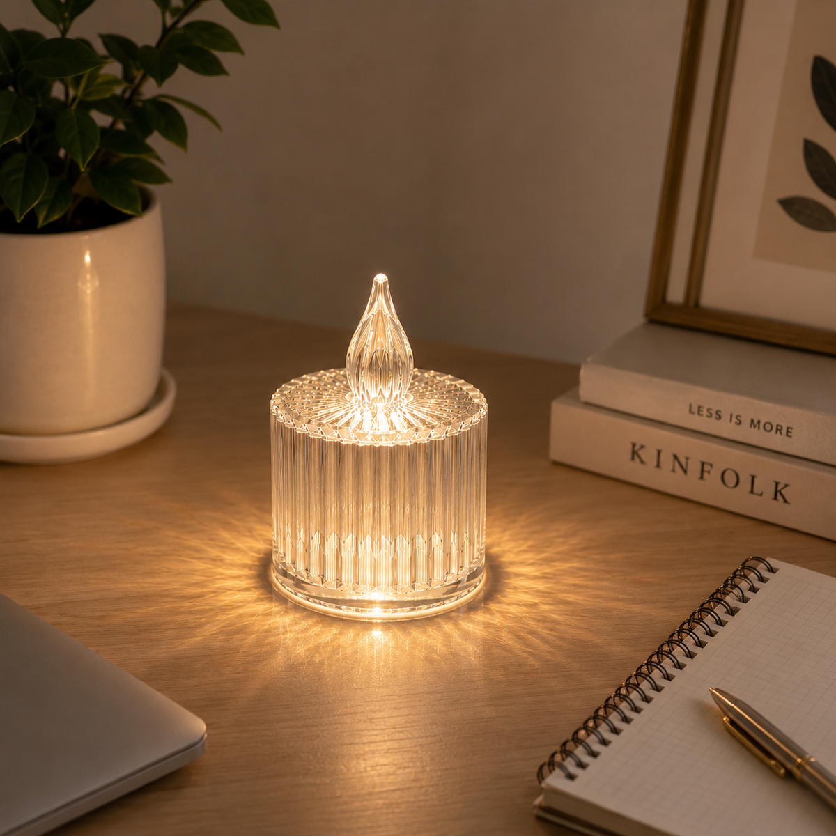Çizgili Şeffaf LED Mum Işığı – Kristal Tasarımlı Gece Lambası