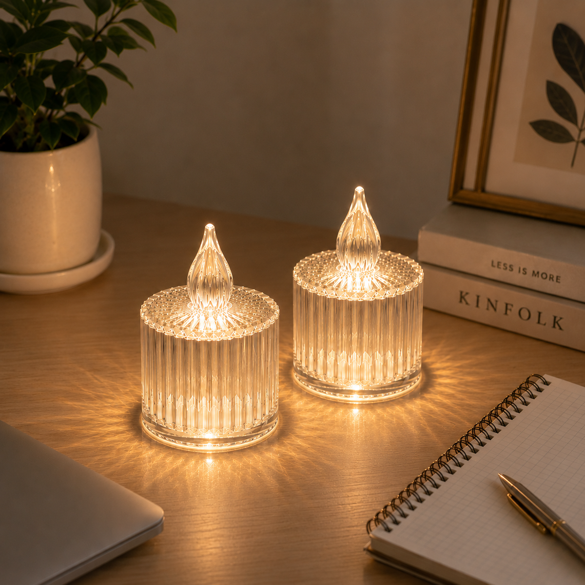 2 Adet Çizgili Şeffaf LED Mum Işığı – Kristal Tasarımlı Gece Lambası