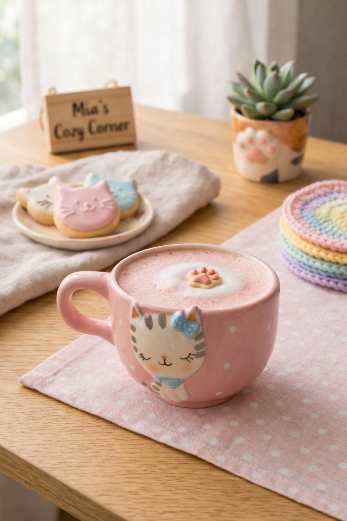 3D Kabartmalı Kedi Figürlü Pembe Seramik Kupa - Estetik Puantiyeli Kahve Fincanı