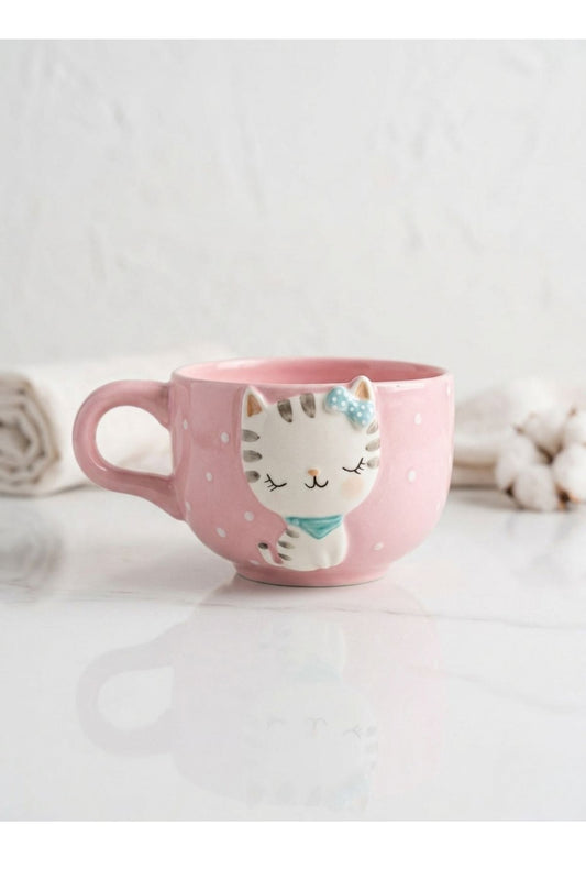 3D Kabartmalı Kedi Figürlü Pembe Seramik Kupa - Estetik Puantiyeli Kahve Fincanı