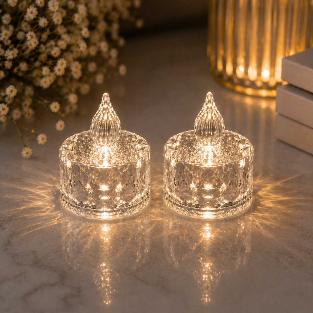 2 Adet Kristal Görünümlü LED Dekor Mum Işığı – Masaüstü Gece Lambası