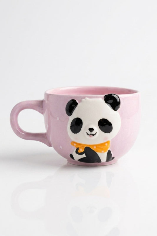 3D Kabartmalı Panda Figürlü Seramik Kupa - Estetik Puantiyeli Kahve Fincanı
