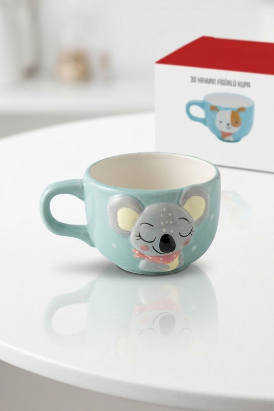 3D Kabartmalı Koala Figürlü Seramik Kupa - Estetik Puantiyeli Kahve Fincanı