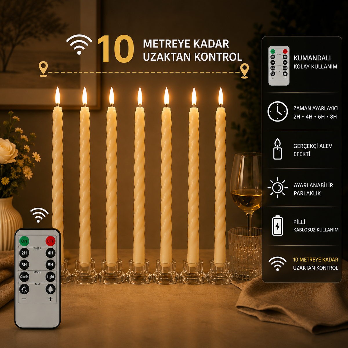 Lumivela Kumandalı Spiral LED Mum 6’lı Set – Gerçekçi Alev Efektli Pilli Şamdan Mum