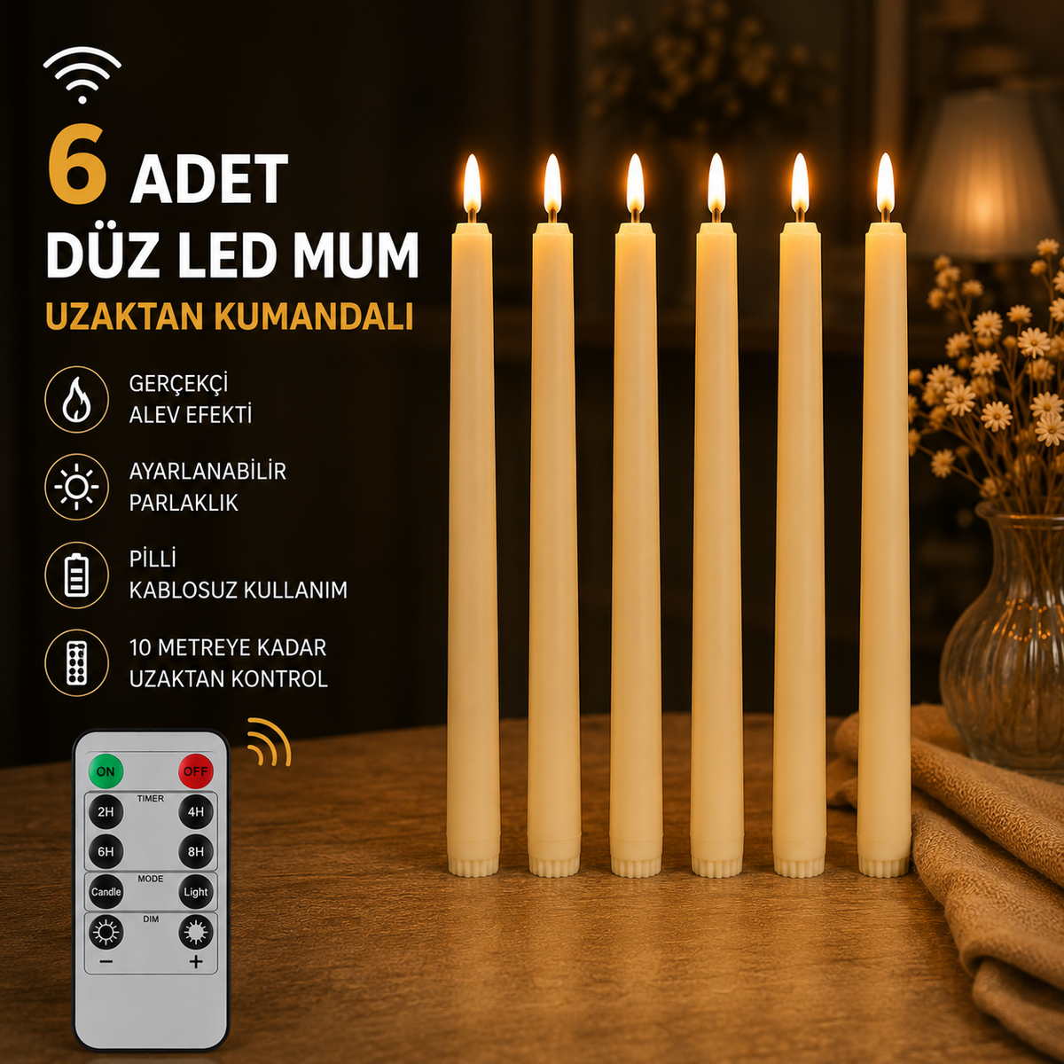 Lumivela Kumandalı Düz LED Mum 6’lı Set – Gerçekçi Alev Efektli Pilli Şamdan Mum