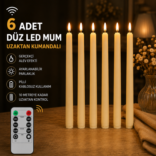 Lumivela Kumandalı Düz LED Mum 6’lı Set – Gerçekçi Alev Efektli Pilli Şamdan Mum
