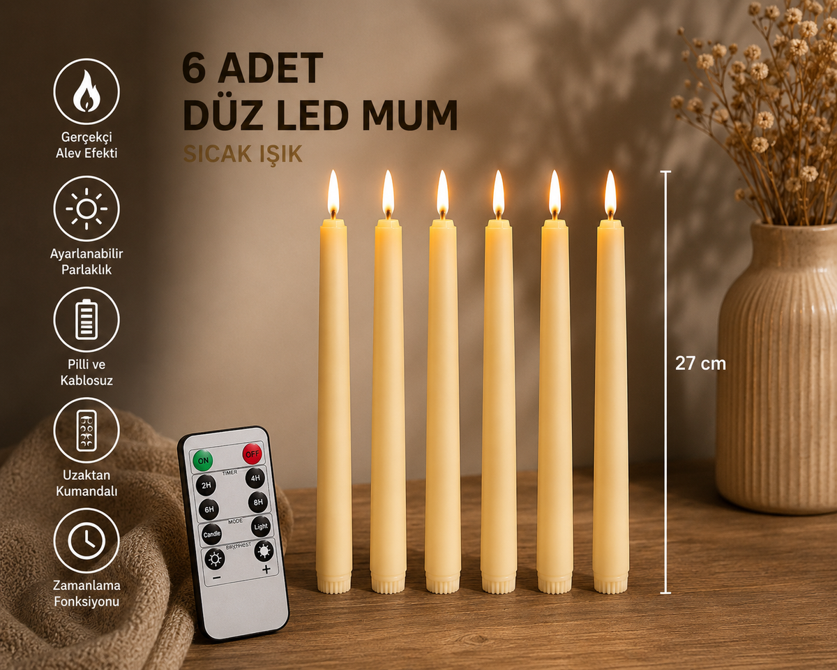 Lumivela Kumandalı Düz LED Mum 6’lı Set – Gerçekçi Alev Efektli Pilli Şamdan Mum