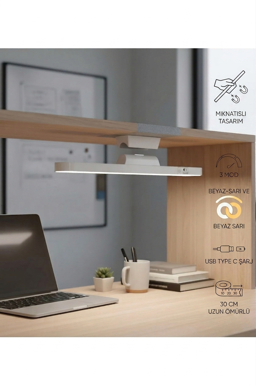 Mıknatıslı Kablosuz Mutfak Tezgah Altı ve Çalışma Masası Lambası - 3 Renk Ayarlı 30 cm Şarjlı LED Bar