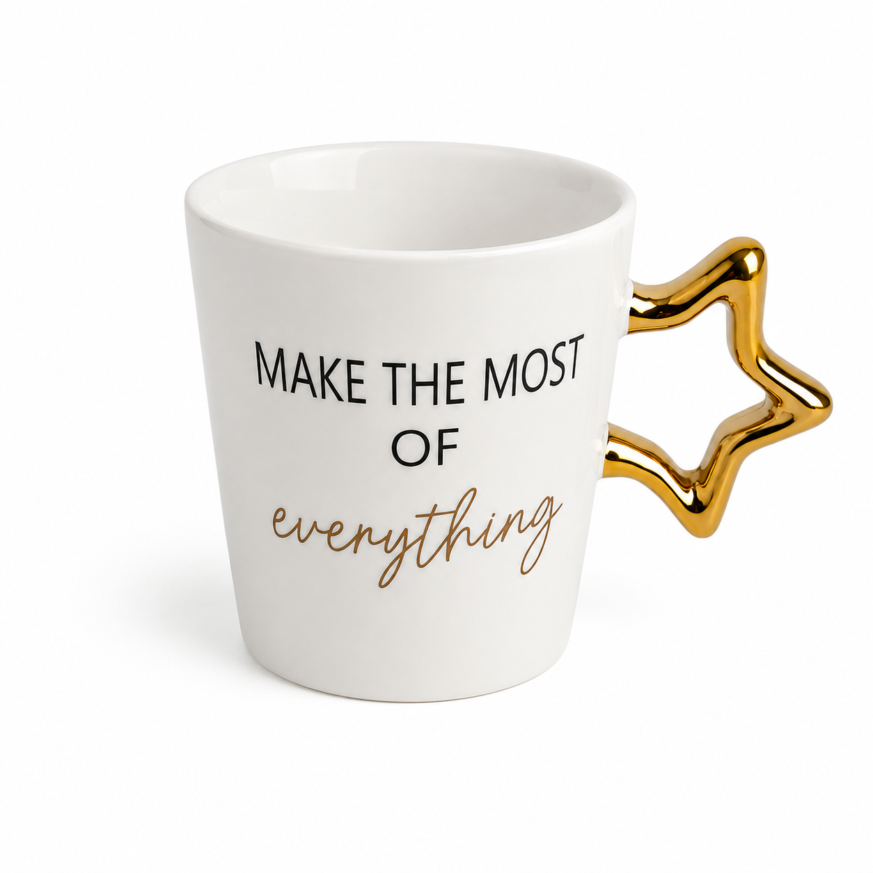 Yıldız Kulplu Porselen Kupa – “Make The Most Of Everything” Yazılı Şık Kahve & Çay Kupası