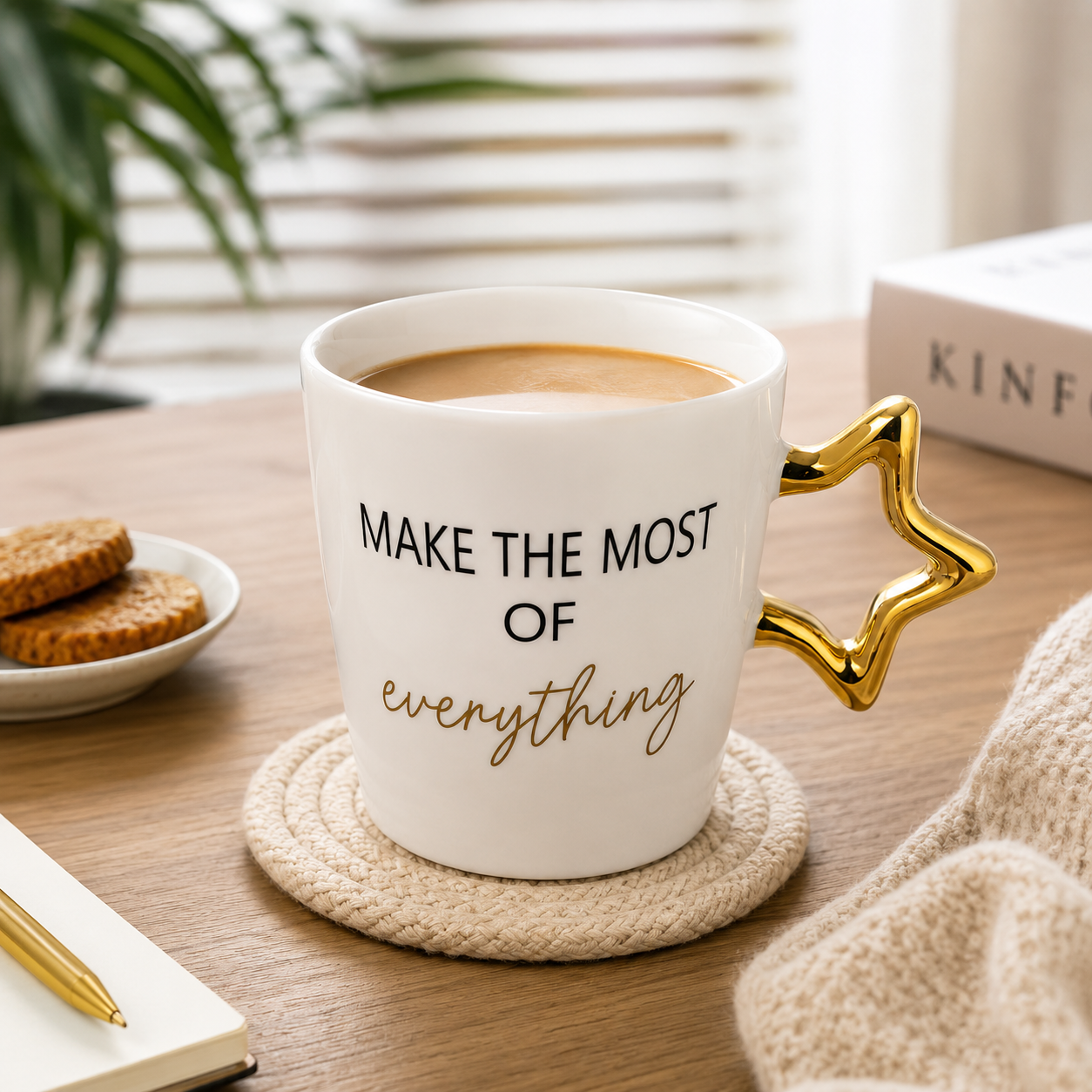 Yıldız Kulplu Porselen Kupa – “Make The Most Of Everything” Yazılı Şık Kahve & Çay Kupası