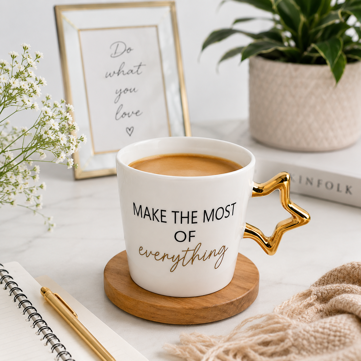 Yıldız Kulplu Porselen Kupa – “Make The Most Of Everything” Yazılı Şık Kahve & Çay Kupası