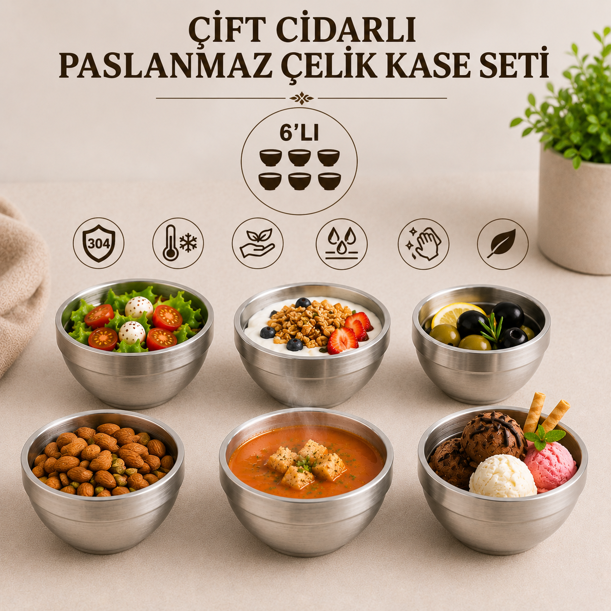 6 Adet Çift Cidarlı Paslanmaz Çelik Isı Yalıtımlı Şık Sunum Kasesi