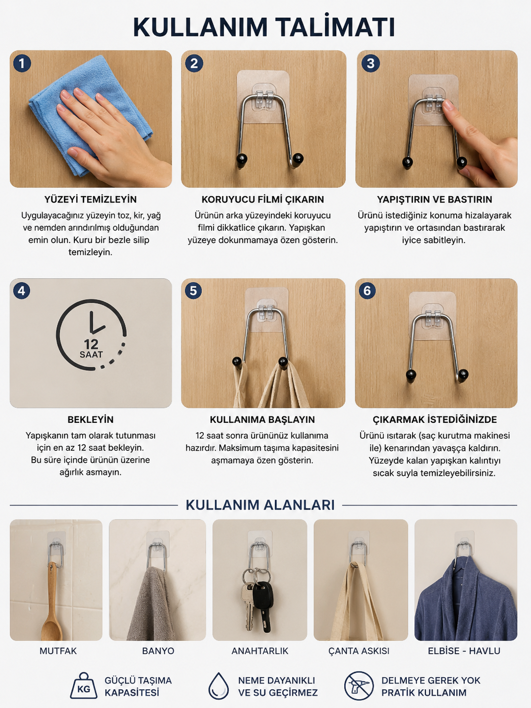 Yapışkanlı 2 Adet Çift Kancalı Banyo Mutfak Askısı Krom Askılık Duvar Askı Organizer