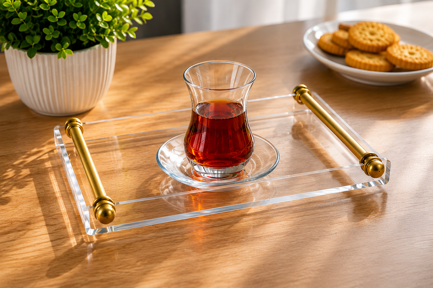 Gold Kulplu Şeffaf Akrilik Kahve Sunum Tepsisi Modern Pleksi Servis Tepsisi