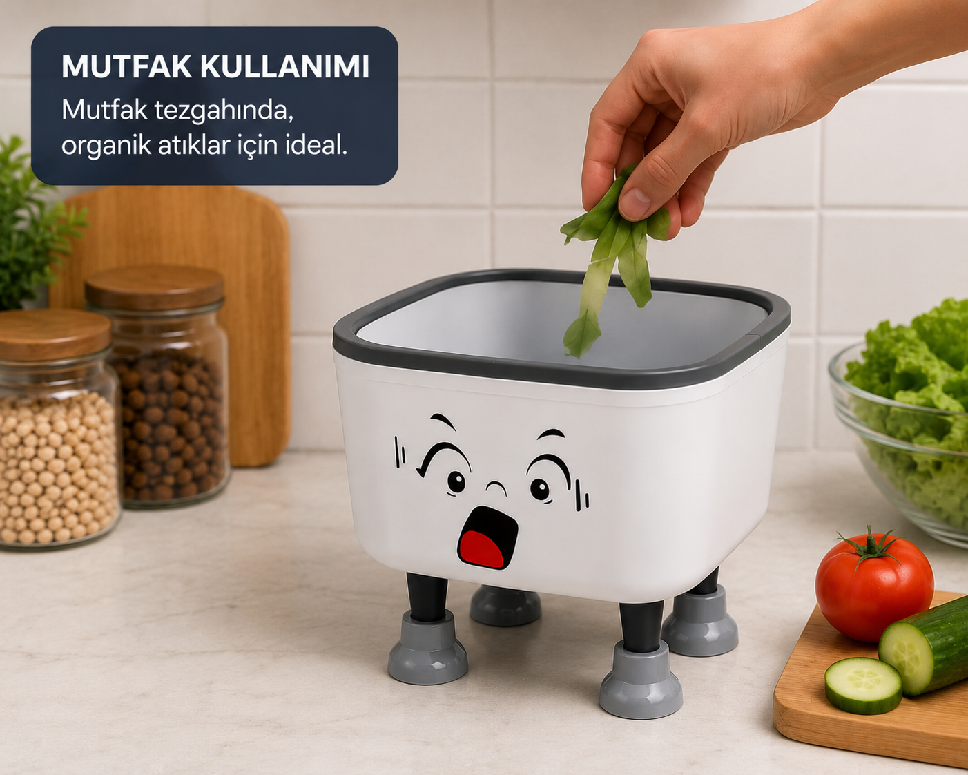 Sevimli Şaşkın Kapaklı Mini Çöp Kovası 1.8 Litre Masaüstü Banyo Mutfak Ofis Çöp Kutusu