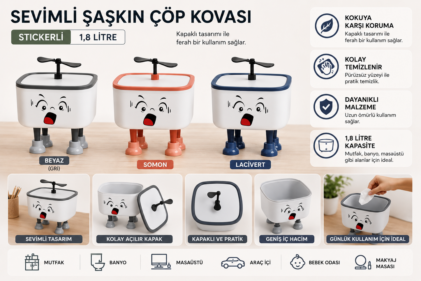 Sevimli Şaşkın Kapaklı Mini Çöp Kovası 1.8 Litre Masaüstü Banyo Mutfak Ofis Çöp Kutusu