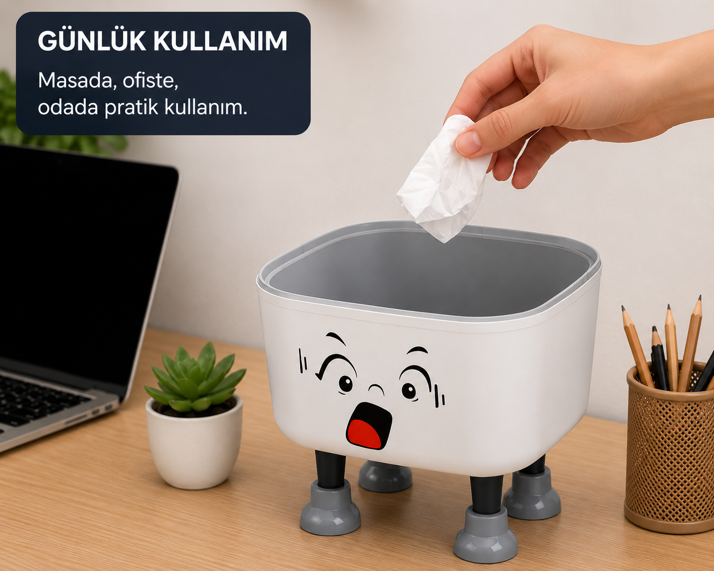 Sevimli Şaşkın Kapaklı Mini Çöp Kovası 1.8 Litre Masaüstü Banyo Mutfak Ofis Çöp Kutusu