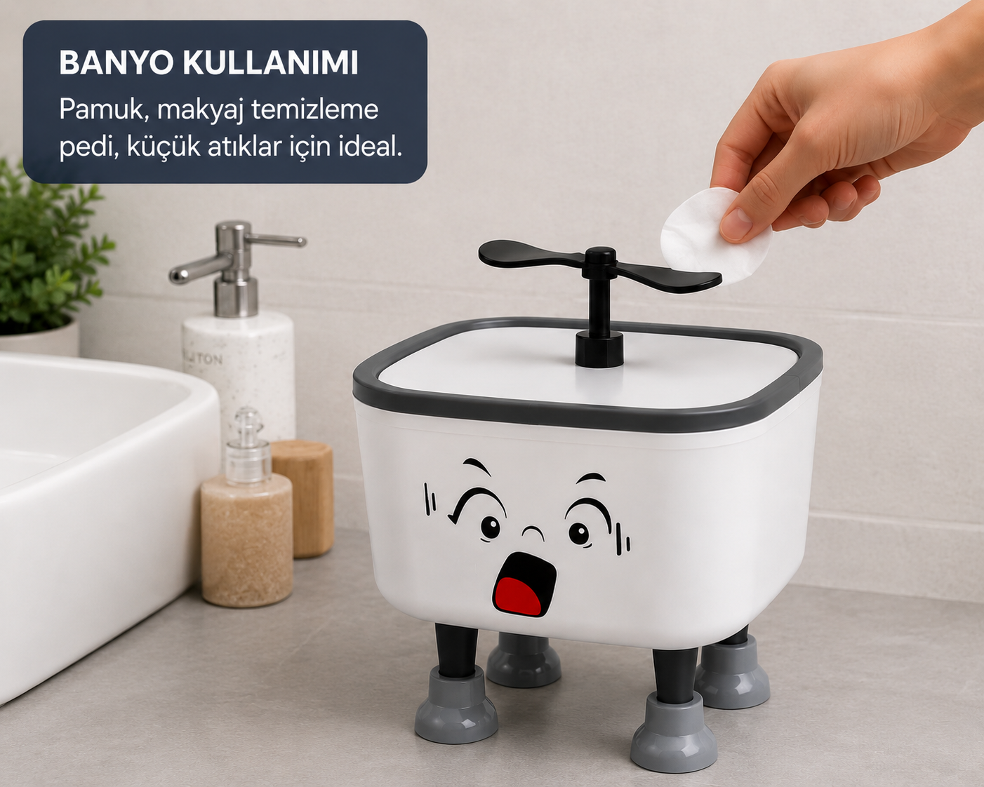 Sevimli Şaşkın Kapaklı Mini Çöp Kovası 1.8 Litre Masaüstü Banyo Mutfak Ofis Çöp Kutusu