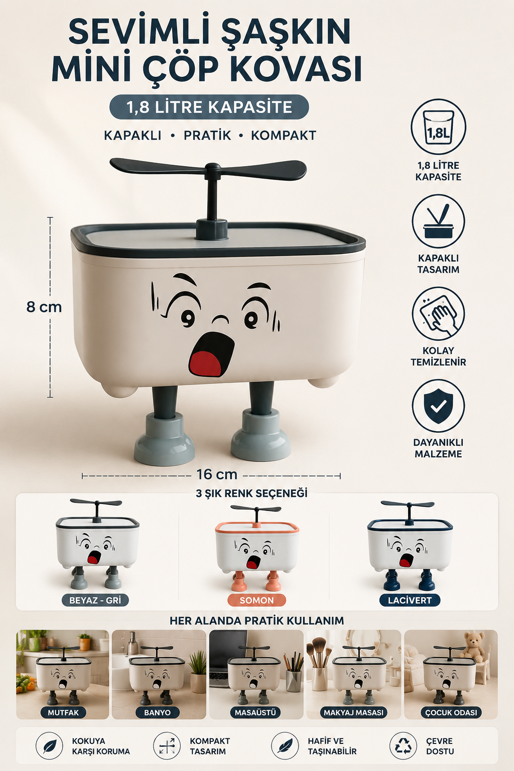 Sevimli Şaşkın Kapaklı Mini Çöp Kovası 1.8 Litre Masaüstü Banyo Mutfak Ofis Çöp Kutusu