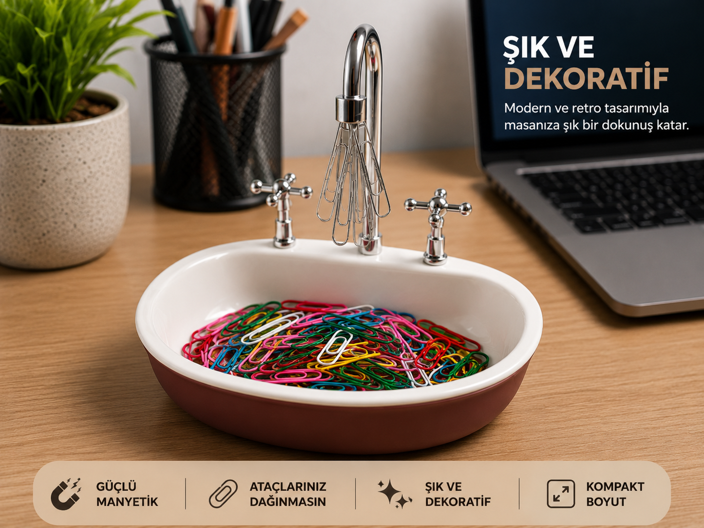 Manyetik Ataç Tutucu Lavabo Tasarımlı Masaüstü Düzenleyici