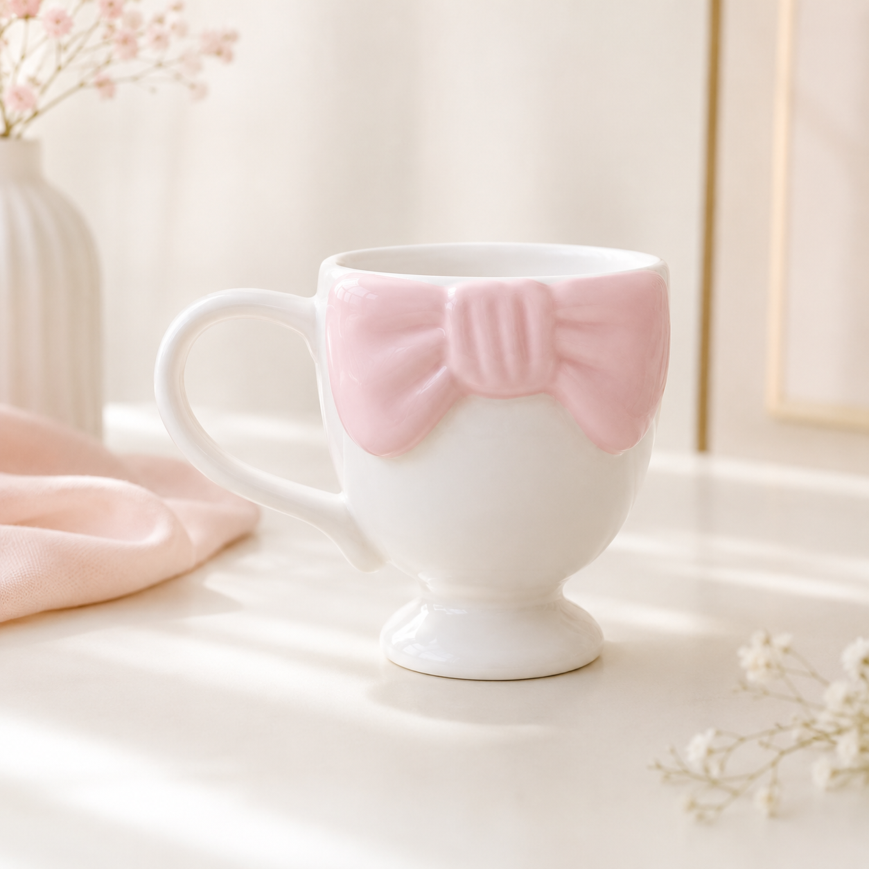 Pembe Fiyonk Detaylı Ayaklı Seramik Kahve ve Çay Kupası