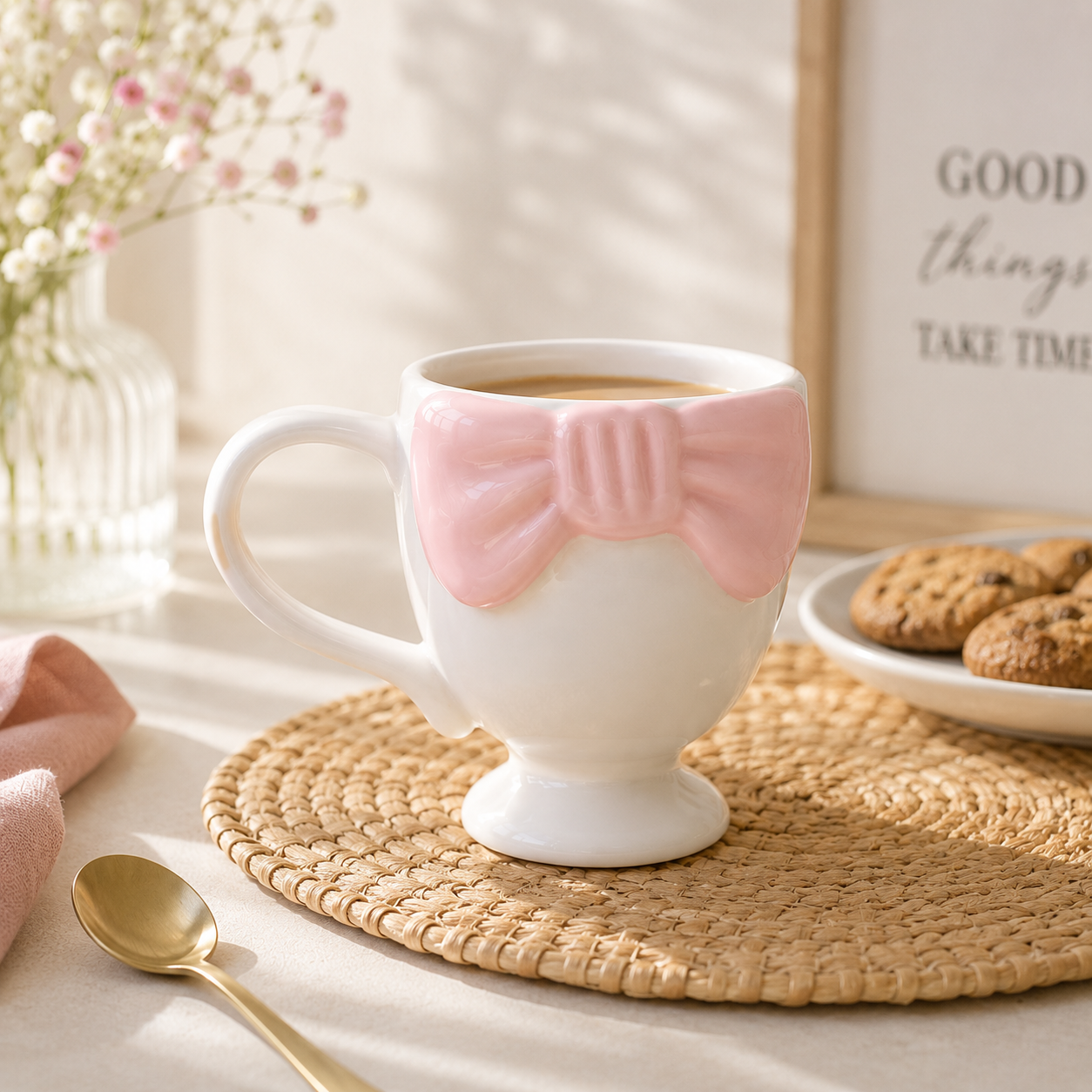 Pembe Fiyonk Detaylı Ayaklı Seramik Kahve ve Çay Kupası